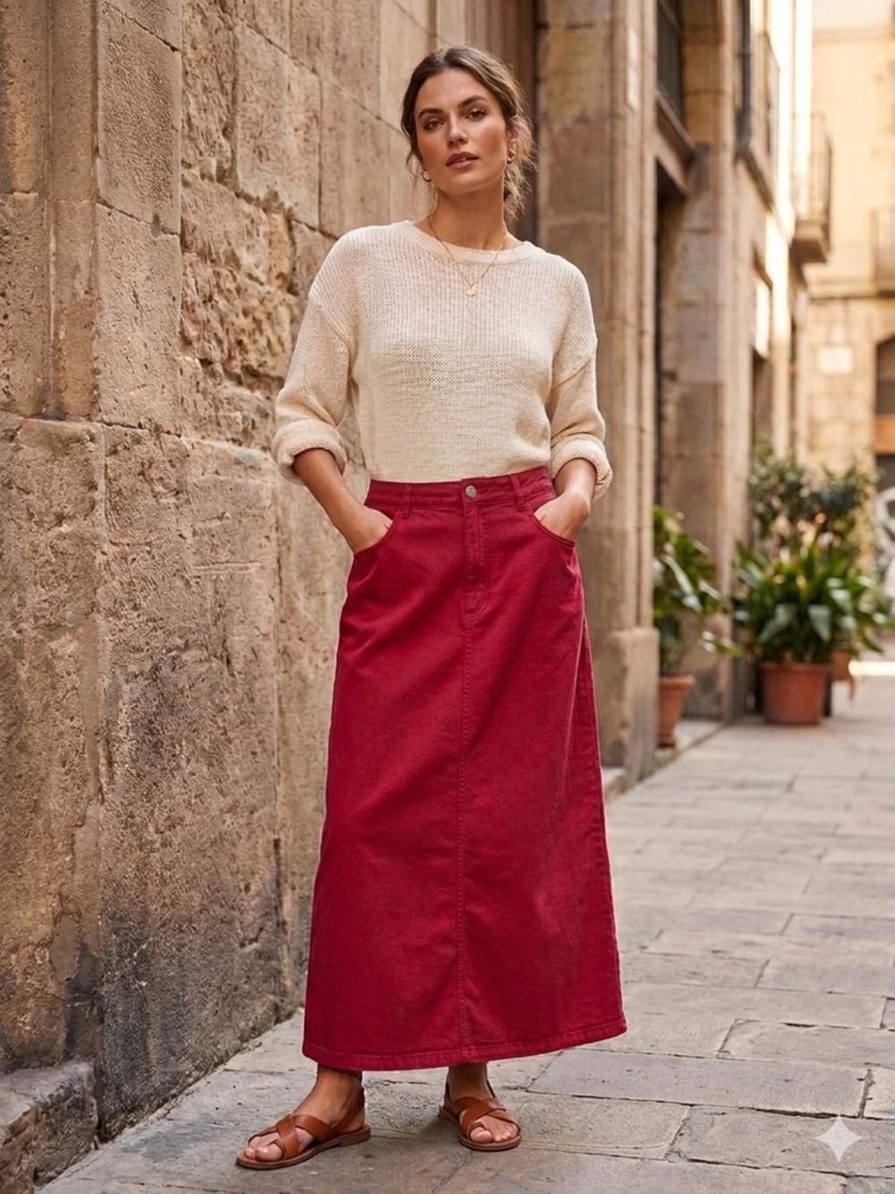 ✨Vintage✨ Women’s Raspberry Red High Waist Maxi Jean Skirt with Front Pockets
